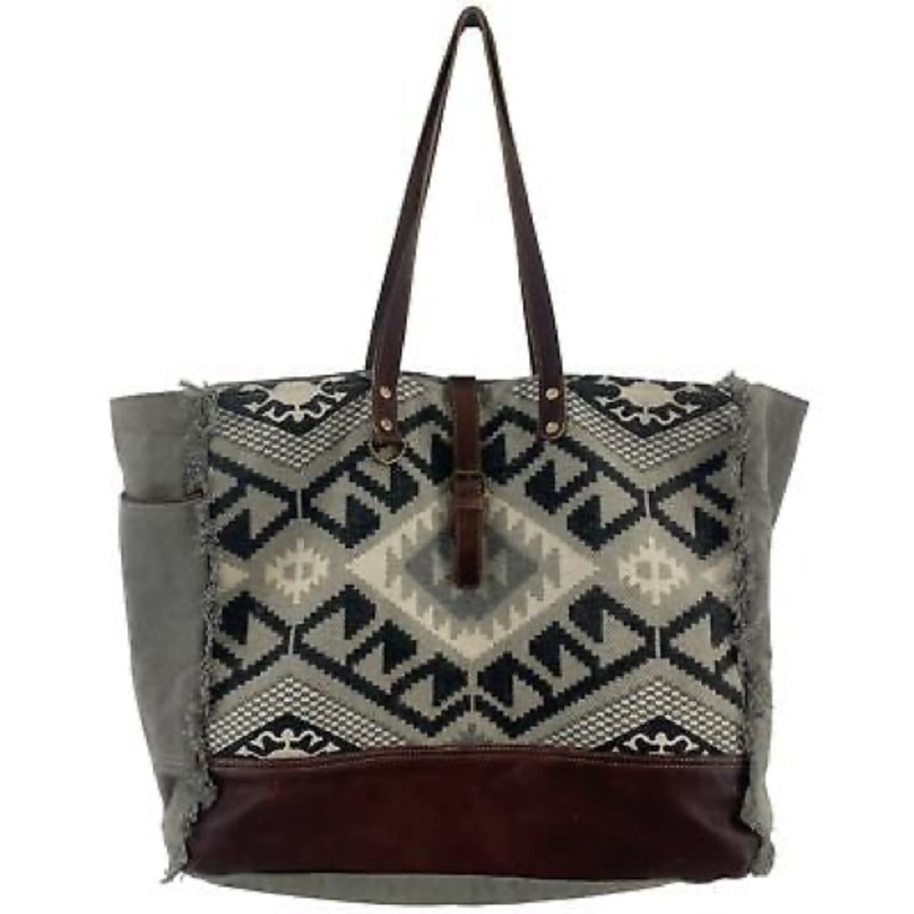 Myra Weekender Tote Bag Brown Gray w Geometric Pattern and Leather Base